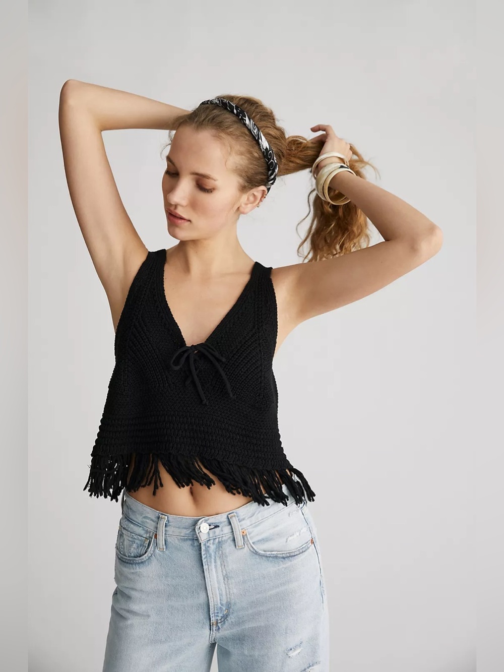 Anthropologie Pilcro Size XL Fringe Crochet Style Sweater Tank - Black